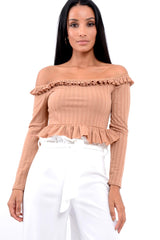 Camel Ruffle Hem Ribbed Bardot Crop Top - Kaitlyn