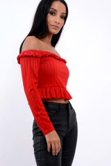 Red Ruffle Hem Ribbed Bardot Crop Top - Kaitlyn
