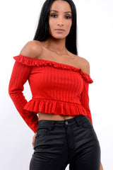 Red Ruffle Hem Ribbed Bardot Crop Top - Kaitlyn