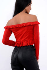 Red Ruffle Hem Ribbed Bardot Crop Top - Kaitlyn