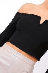 Black Frill Sleeve Bardot Crop Top - Kali