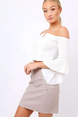 white Frill Sleeve Bardot Crop Top - Kali