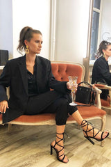 Black Suede Lace Up Thin Block Heels - Tiffie