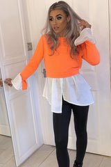 Neon Orange Shirt Insert Crew Neck Jumper - Kamilla