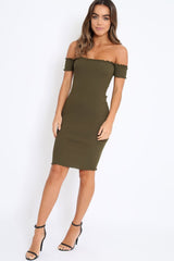 Khaki Ribbed Frill Hem Bardot Bodycon Dress - Kamille