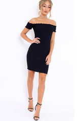 Navy Ribbed Frill Hem Bardot Bodycon Dress - Kamille