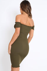 Khaki Ribbed Frill Hem Bardot Bodycon Dress - Kamille