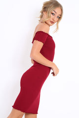 Wine Ribbed Frill Hem Bardot Bodycon Dress - Kamille