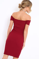 Wine Ribbed Frill Hem Bardot Bodycon Dress - Kamille
