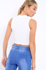 White Ribbed High Neck Crop Top - Kamira