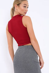 Wine Ribbed High Neck Crop Top - Kamira
