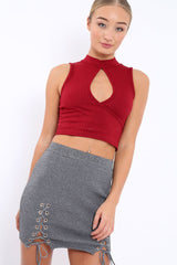 Wine Ribbed High Neck Crop Top - Kamira