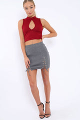 Wine Ribbed High Neck Crop Top - Kamira