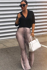 Beige Snake Print High Waisted Flared Trousers - Kamryn