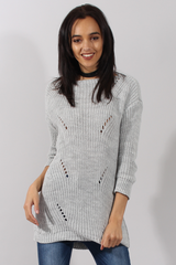 Light Grey Knitted Distressed Back Jumper Dress - Cara