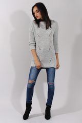 Light Grey Knitted Distressed Back Jumper Dress - Cara