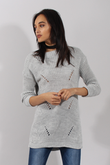 Light Grey Knitted Distressed Back Jumper Dress - Cara
