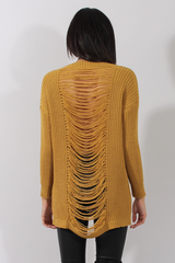 Mustard Knitted Distressed Back Jumper Dress - Cara