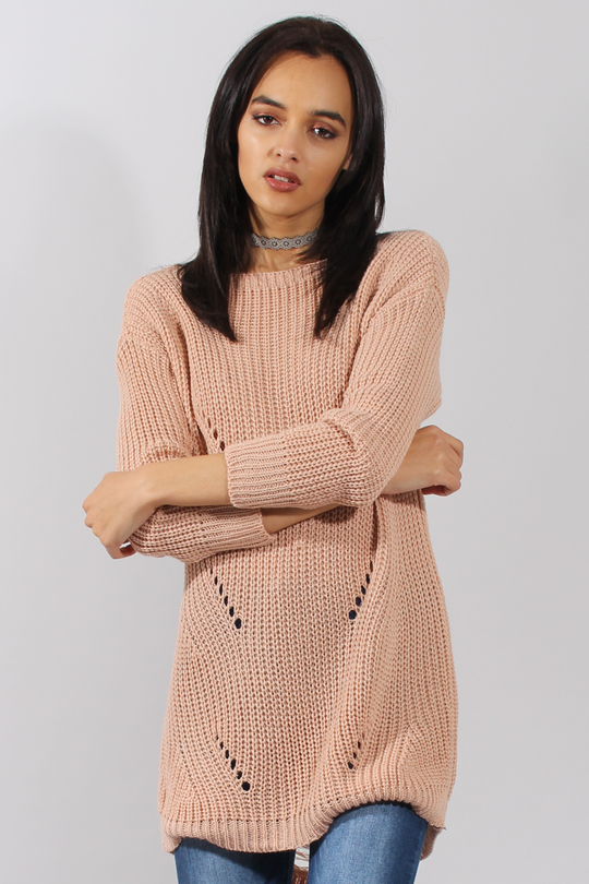Pink Knitted Distressed Back Jumper Dress - Cara