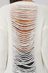 White Knitted Distressed Back Jumper Dress - Cara