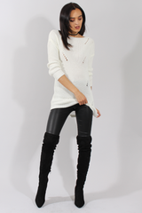 White Knitted Distressed Back Jumper Dress - Cara
