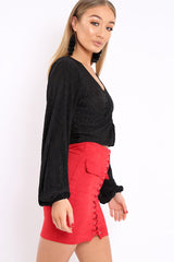 Black Plisse Ruched Front Crop Top - Karen