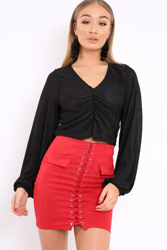 Black Plisse Ruched Front Crop Top - Karen
