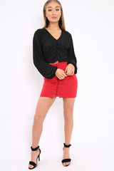 Black Plisse Ruched Front Crop Top - Karen