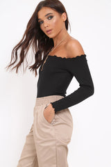 Black bardot frill bodysuit - Kari