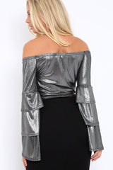 Silver Metallic Tiered Flared Sleeves Bardot Crop Top - Karie