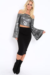 Silver Metallic Tiered Flared Sleeves Bardot Crop Top - Karie