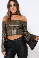 Gold Metallic Tiered Flared Sleeves Bardot Crop Top - Karie