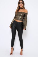 Gold Metallic Tiered Flared Sleeves Bardot Crop Top - Karie