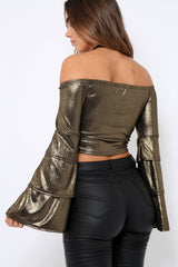 Gold Metallic Tiered Flared Sleeves Bardot Crop Top - Karie