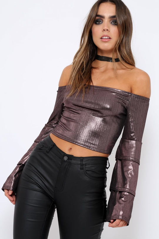 Pink Metallic Tiered Flared Sleeves Bardot Crop Top - Karie