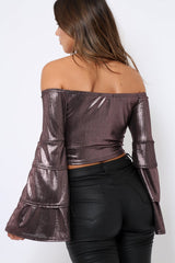 Pink Metallic Tiered Flared Sleeves Bardot Crop Top - Karie