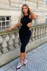 Black Ribbed Cut Out Midi Dress - Karin