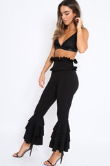 Black Frill Hem Triple Tiered Frill Hem Trousers - Karla