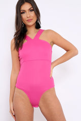 Fuchsia V Neck Strap Bandeau Bodysuit - Karlah