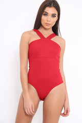 Red V Neck Strap Bandeau Bodysuit - Karlah