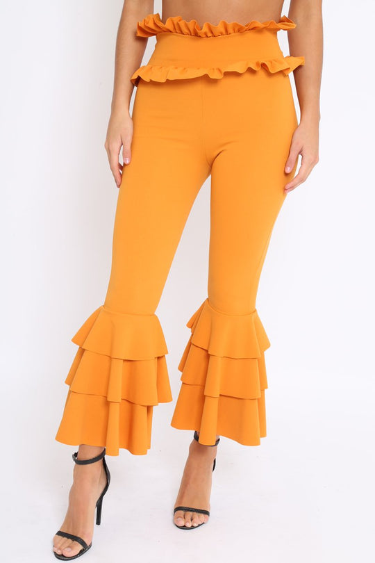 Mustard Frill Hem Triple Tiered Frill Hem Trousers - Karla