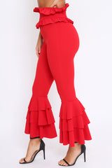 Red Frill Hem Triple Tiered Frill Hem Trousers - Karla