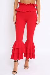 Red Frill Hem Triple Tiered Frill Hem Trousers - Karla