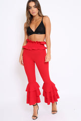 Red Frill Hem Triple Tiered Frill Hem Trousers - Karla