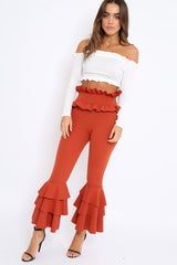 Rust Frill Hem Triple Tiered Frill Hem Trousers - Karla