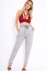 Hound-Tooth With Tartan Paper Bag Tie Waist Cigarette Trousers - Karmen