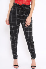 Black Check Paper Bag Tie Waist Cigarette Trousers - Karmen