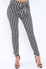 Black Stripe Paper Bag Tie Waist Cigarette Trousers - Shaya