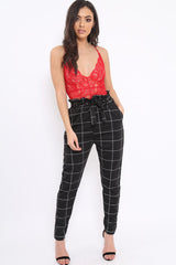 Black Check Paper Bag Tie Waist Cigarette Trousers - Karmen