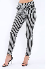 Black Stripe Paper Bag Tie Waist Cigarette Trousers - Shaya